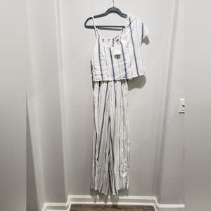 Roxy white and blue wide leg, spaghetti strap, jumpsuit size large